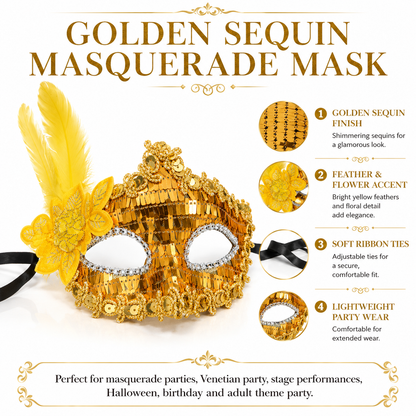 Golden Sequin Mask with Yellow Flower