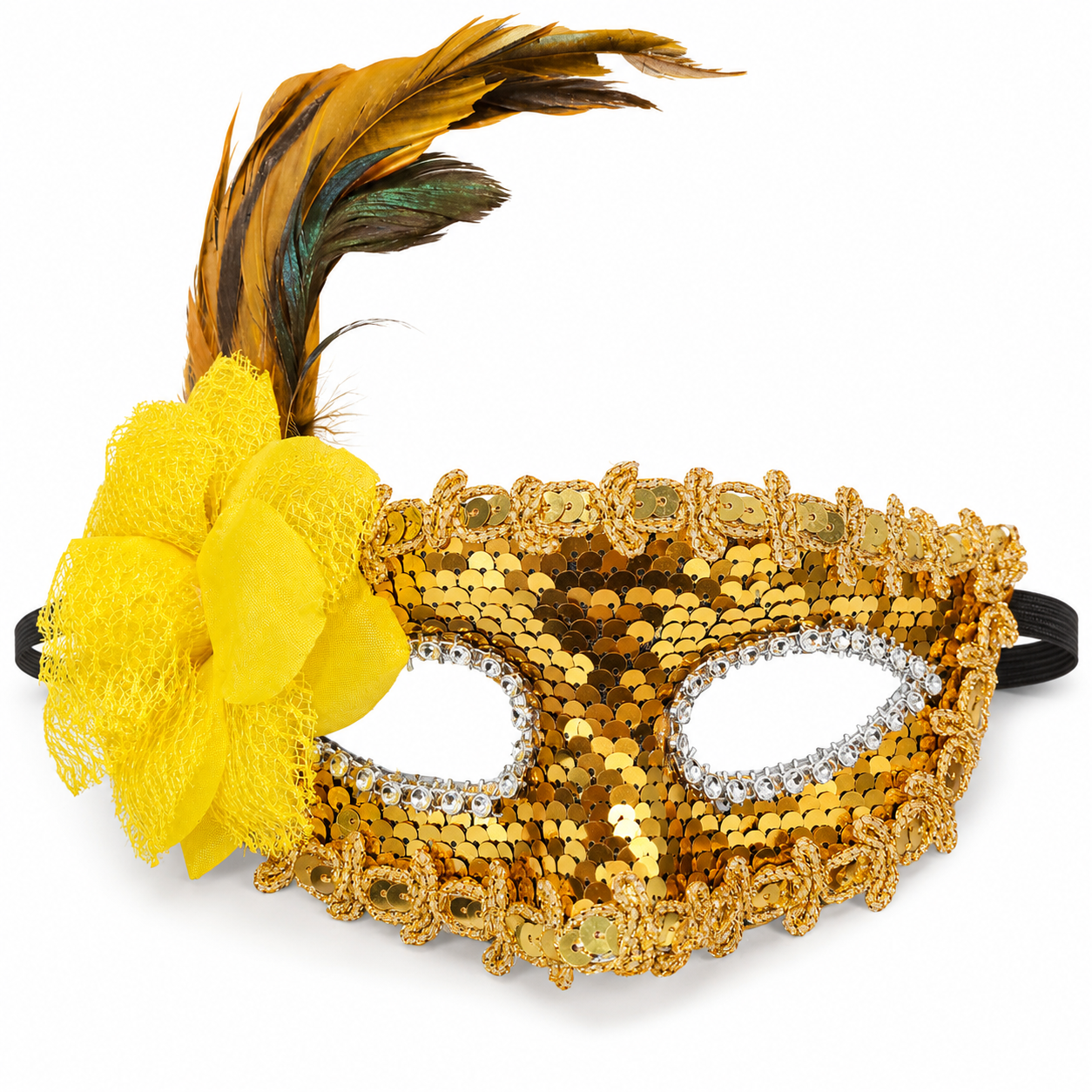 Golden Sequin Eye Mask with Yellow Flower