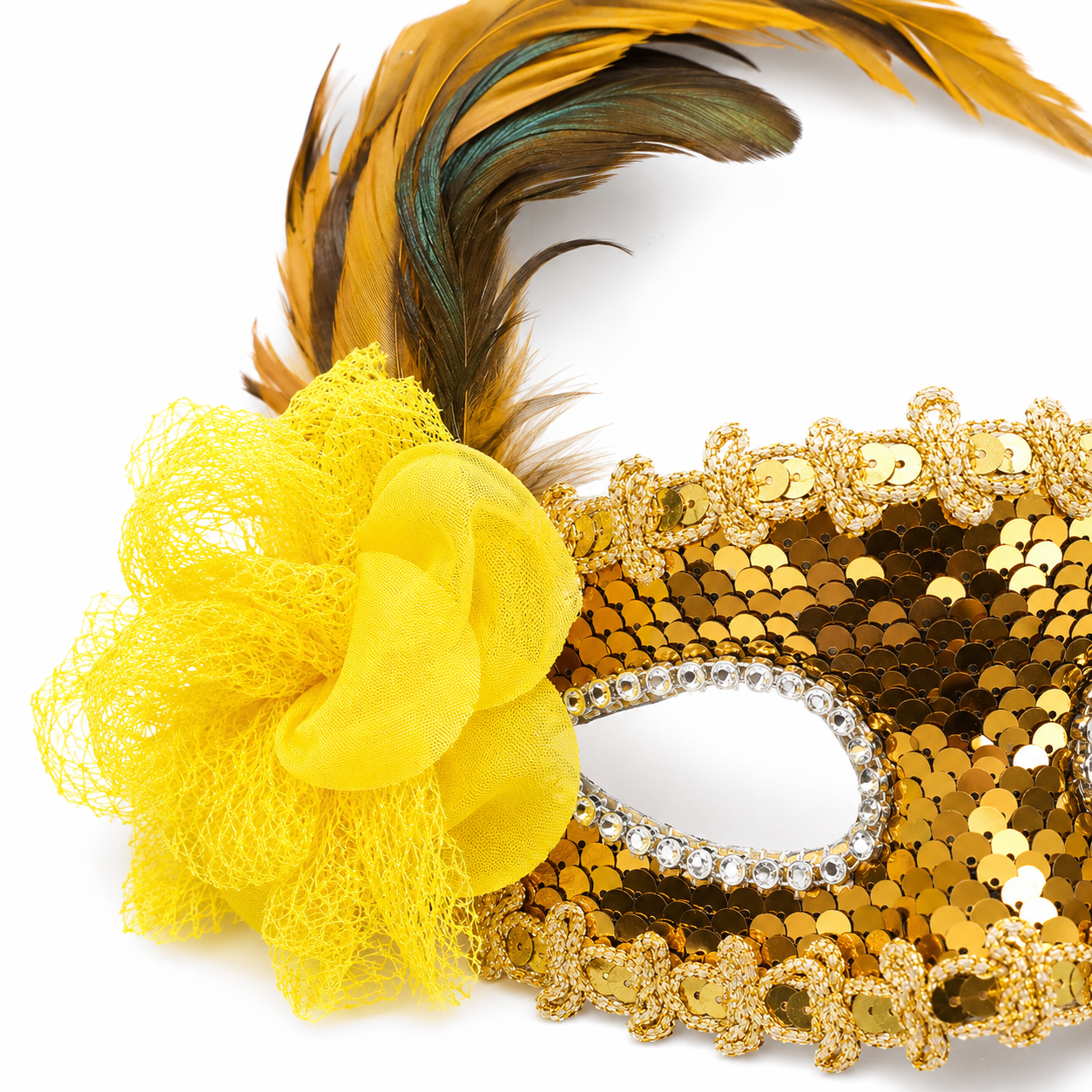 Golden Sequin Eye Mask with Yellow Flower