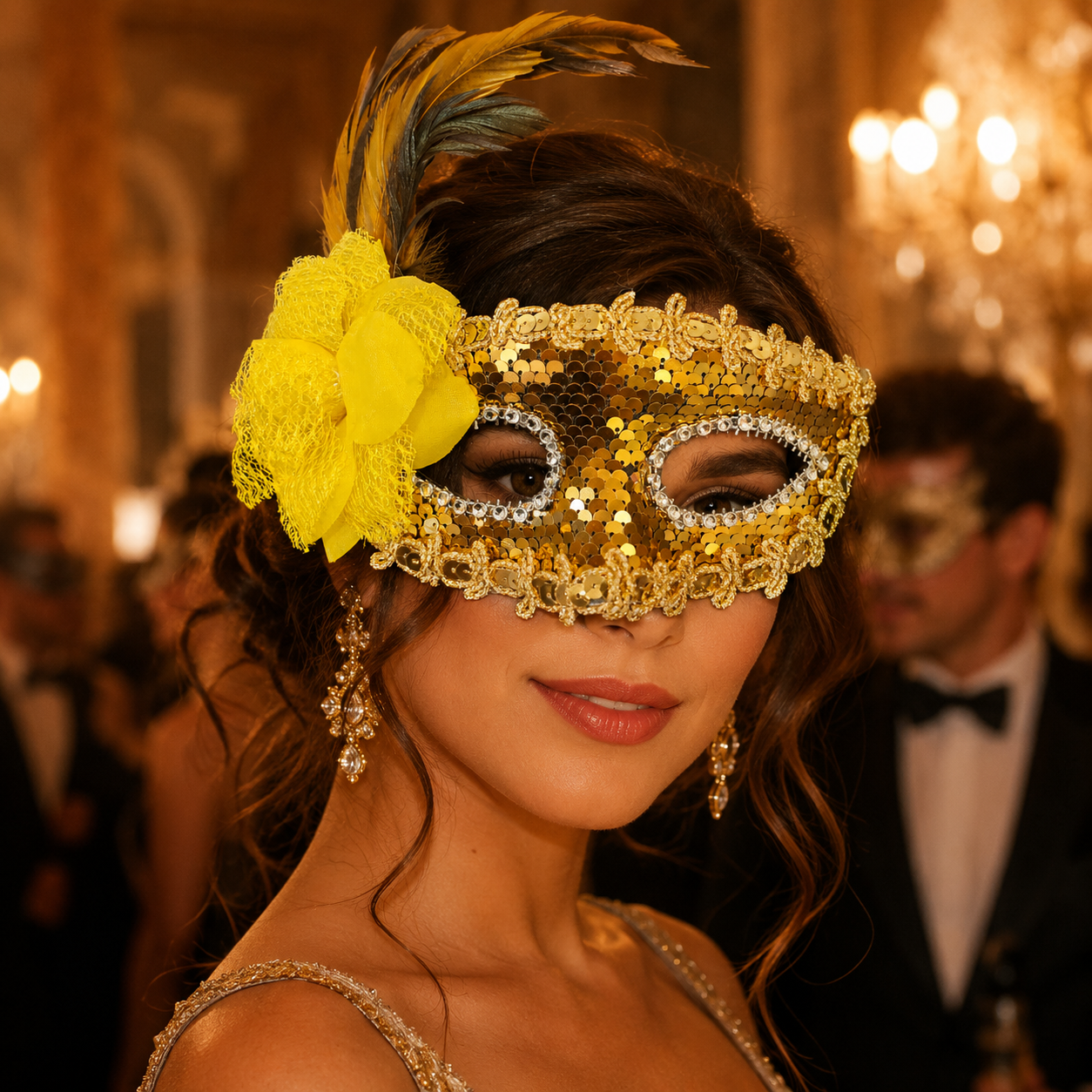 Golden Sequin Eye Mask with Yellow Flower