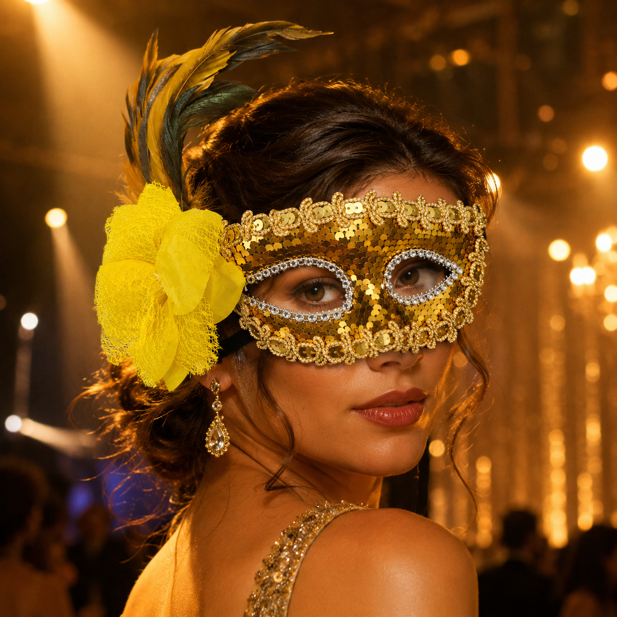 Golden Sequin Eye Mask with Yellow Flower
