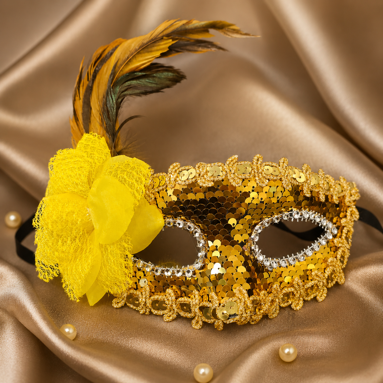 Golden Sequin Eye Mask with Yellow Flower