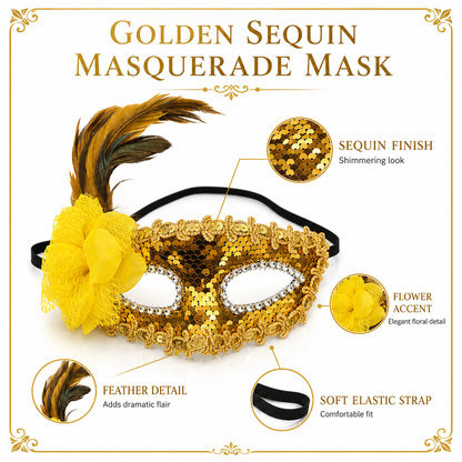 Golden Sequin Eye Mask with Yellow Flower