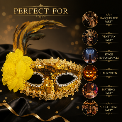 Golden Sequin Eye Mask with Yellow Flower