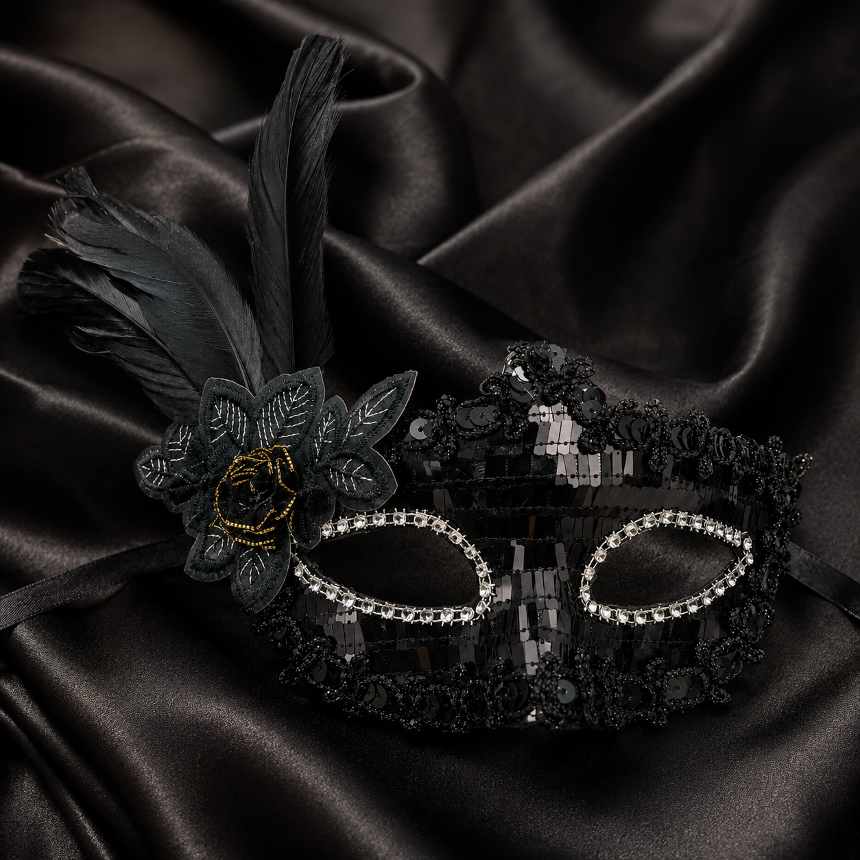 Masquerade Mask Black Color with Shinny Sequin for Women - 1PC