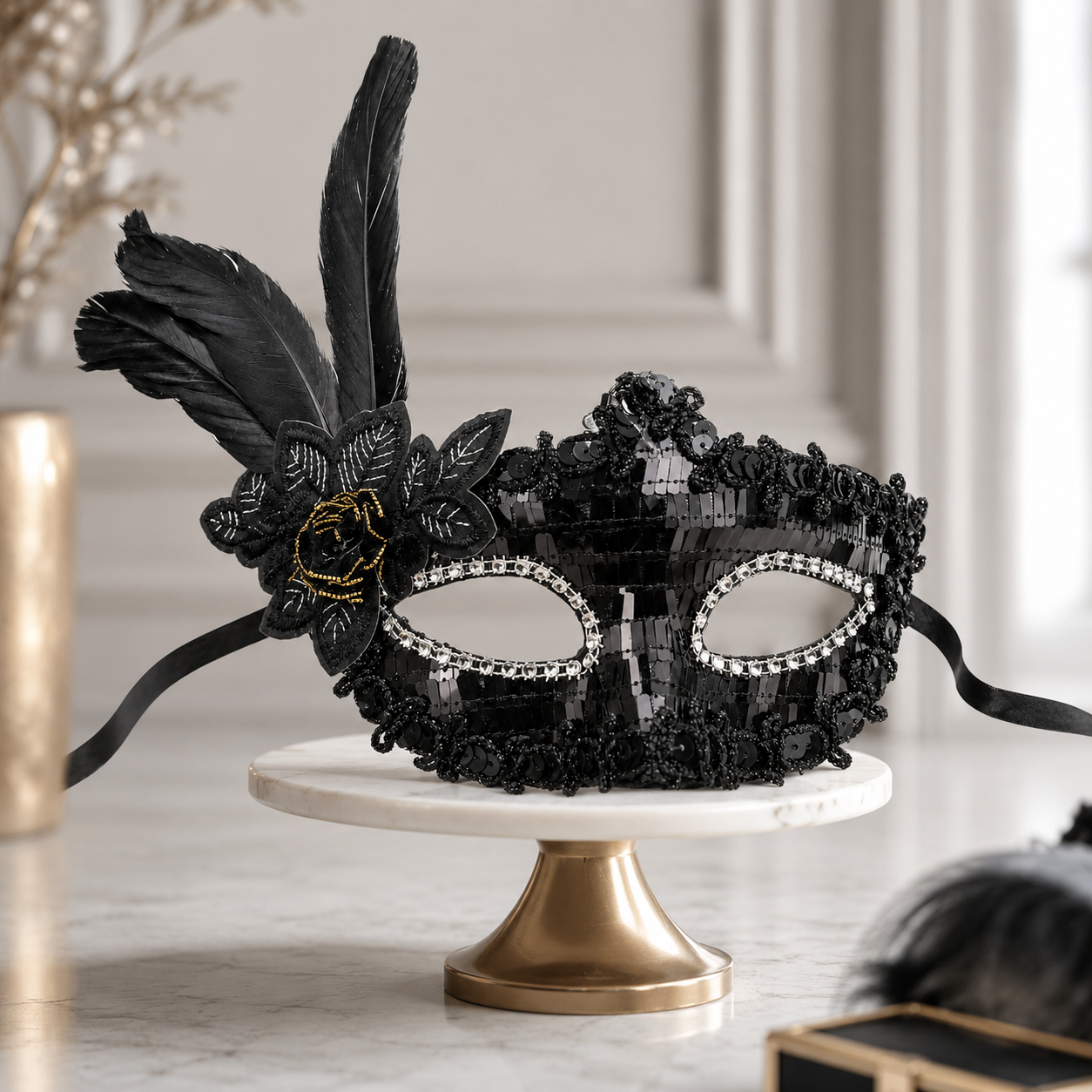 Masquerade Mask Black Color with Shinny Sequin for Women - 1PC