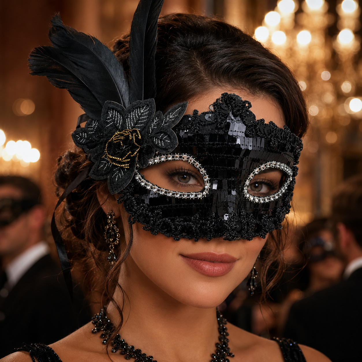 Masquerade Mask Black Color with Shinny Sequin for Women - 1PC