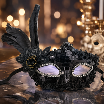Masquerade Mask Black Color with Shinny Sequin for Women - 1PC