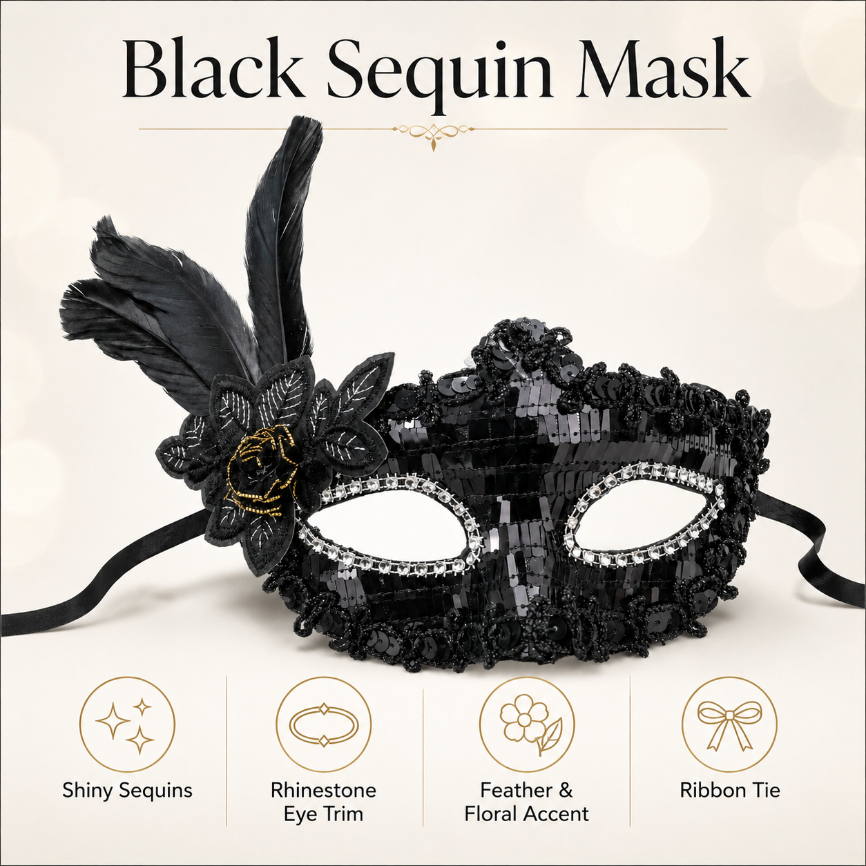 Masquerade Mask Black Color with Shinny Sequin for Women - 1PC