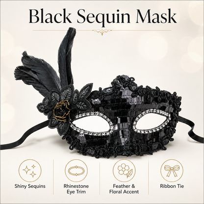 Masquerade Mask Black Color with Shinny Sequin for Women - 1PC