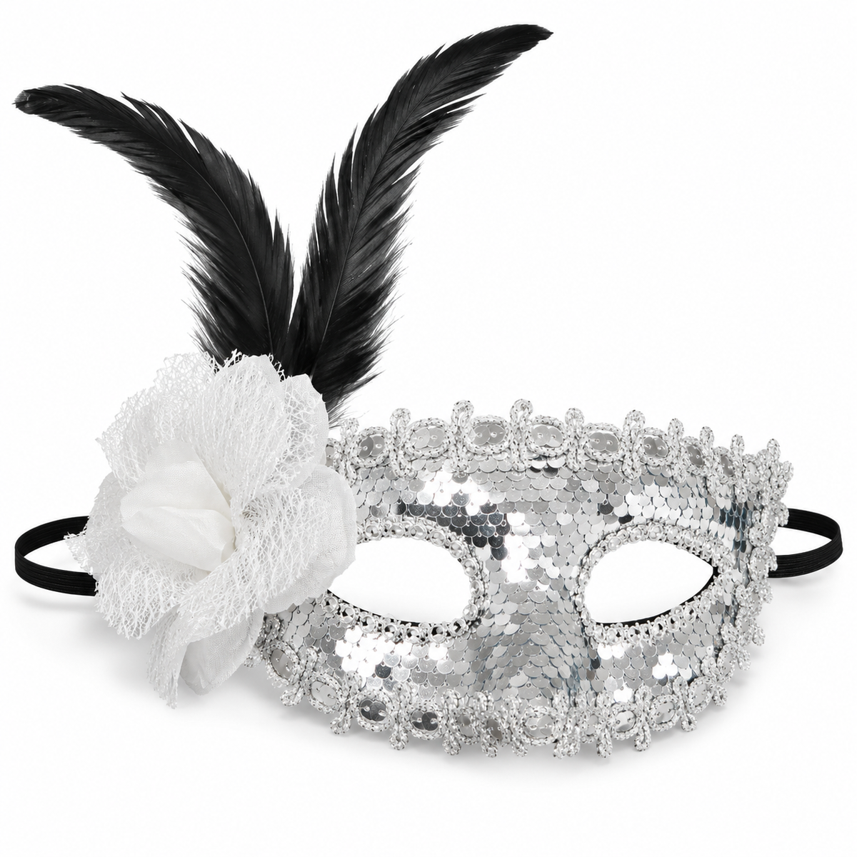 Silver Sequin Eye Mask with White Flower - Wanna Party - front view