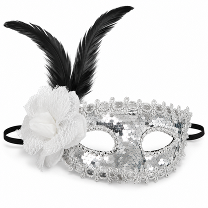 Silver Sequin Eye Mask with White Flower - Wanna Party - front view