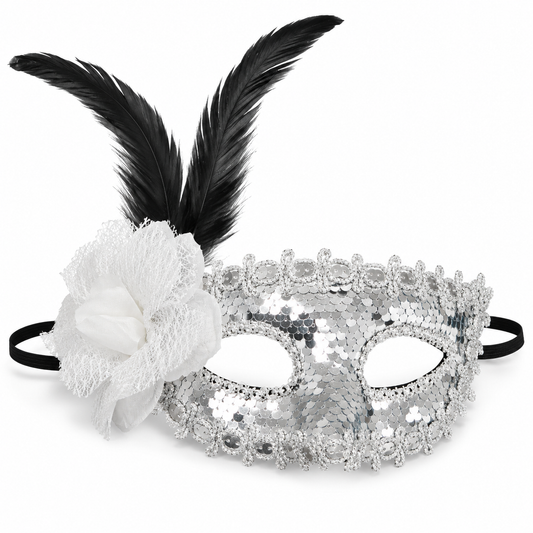 Silver Sequin Eye Mask with White Flower - Wanna Party - front view