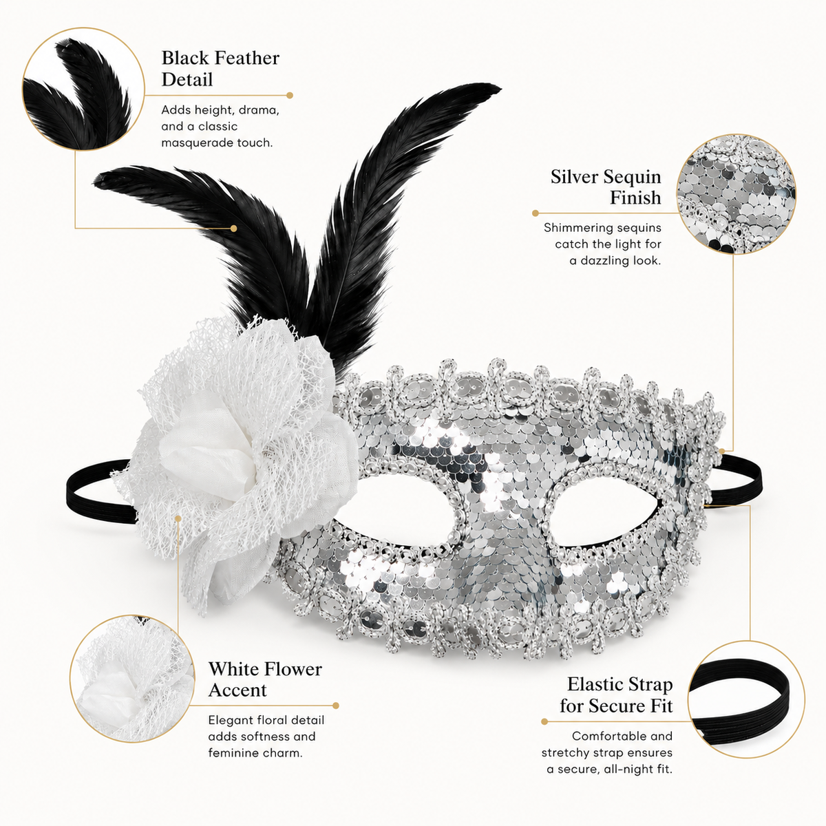 Silver Sequin Eye Mask with White Flower - Wanna Party - side angle