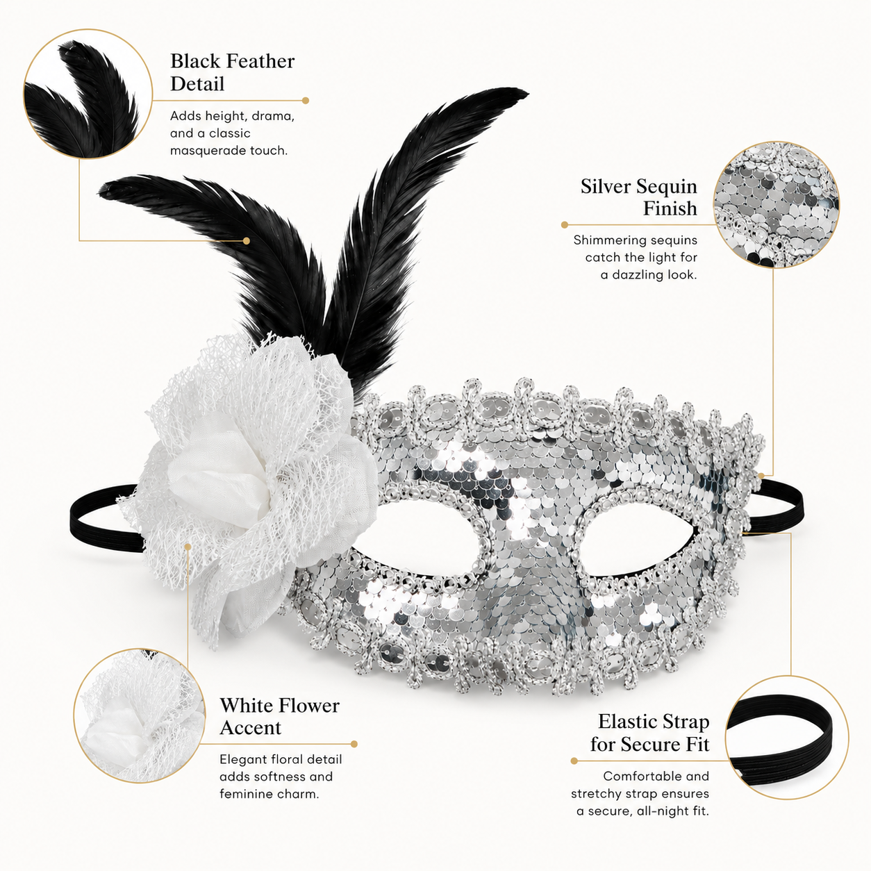 Silver Sequin Eye Mask with White Flower - Wanna Party - side angle
