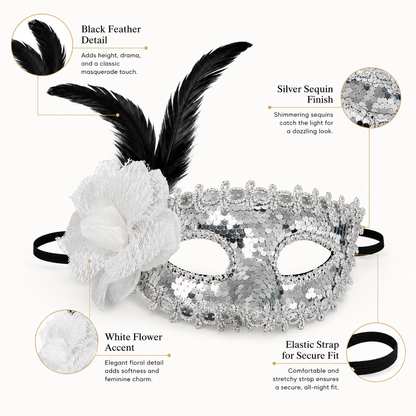 Silver Sequin Eye Mask with White Flower - Wanna Party - side angle