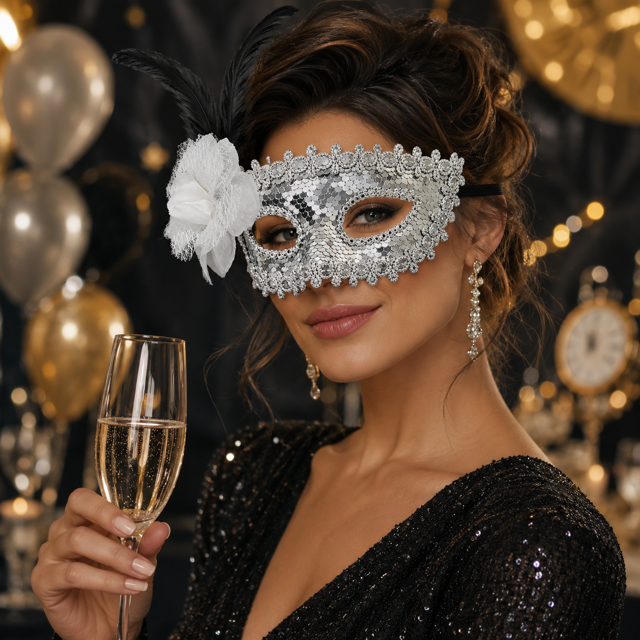 Silver Sequin Eye Mask with White Flower - Wanna Party - decor