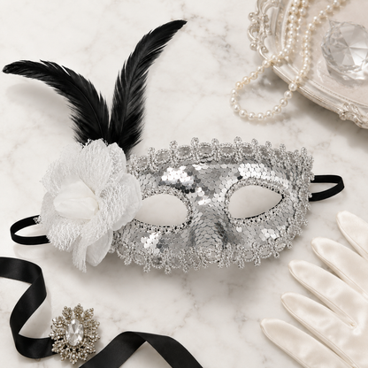 Silver Sequin Eye Mask with White Flower - Wanna Party - closeup