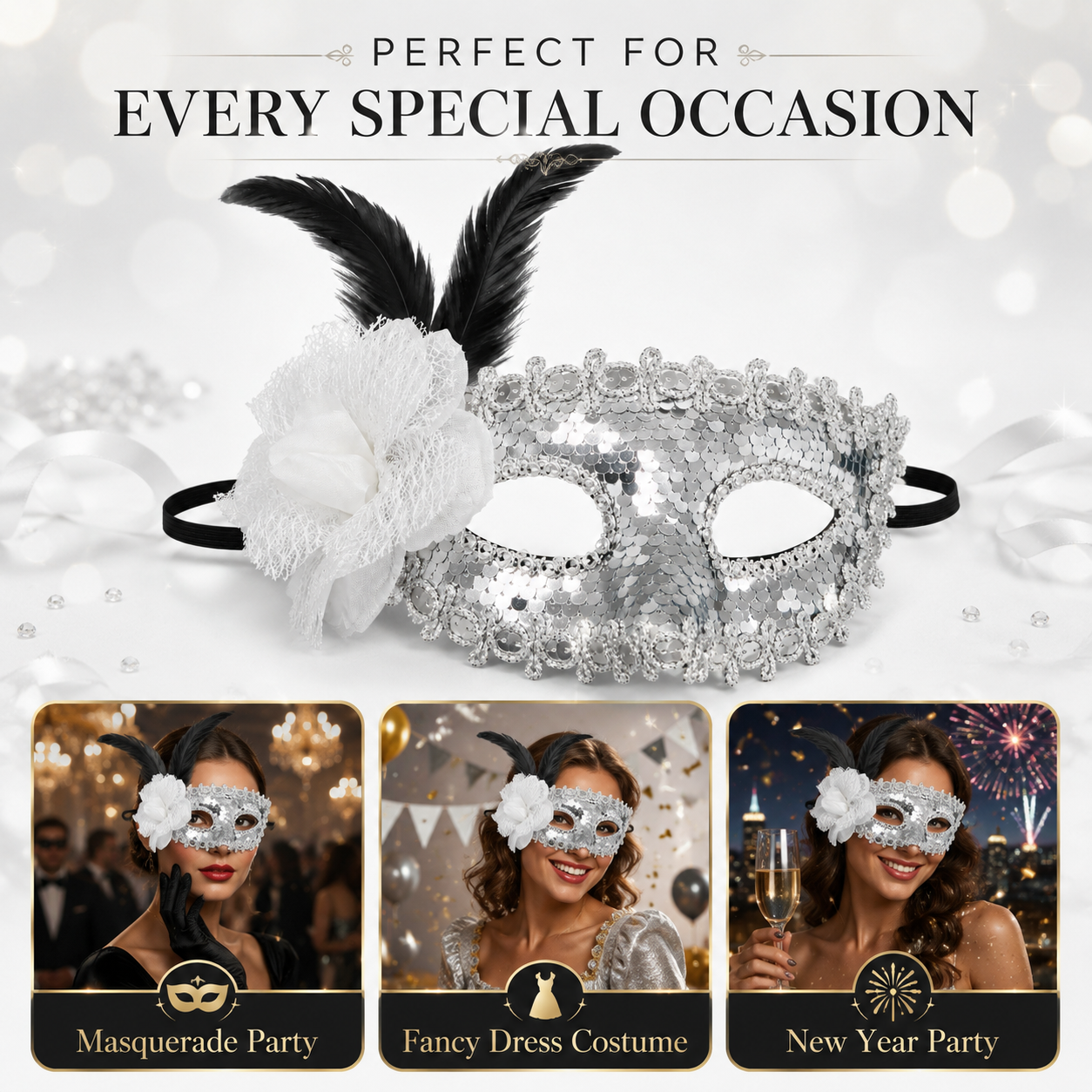 Silver Sequin Eye Mask with White Flower - Wanna Party - flat lay