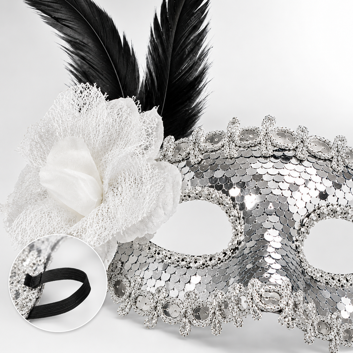 Silver Sequin Eye Mask with White Flower - Wanna Party - packaging