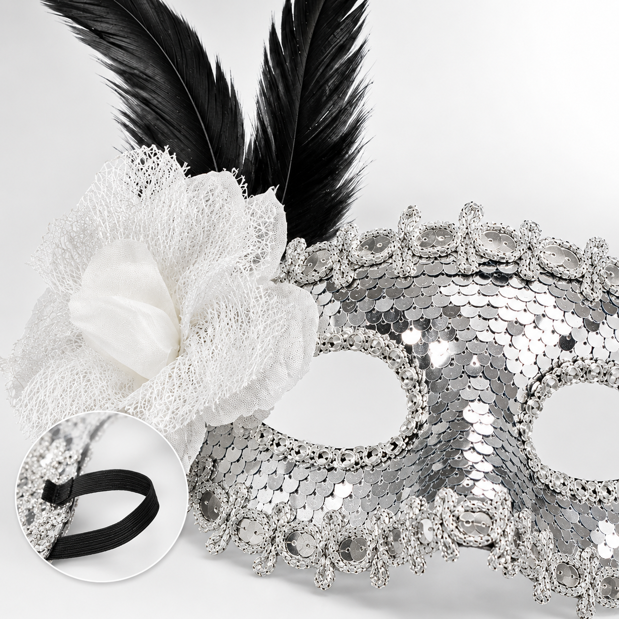 Silver Sequin Eye Mask with White Flower - Wanna Party - packaging