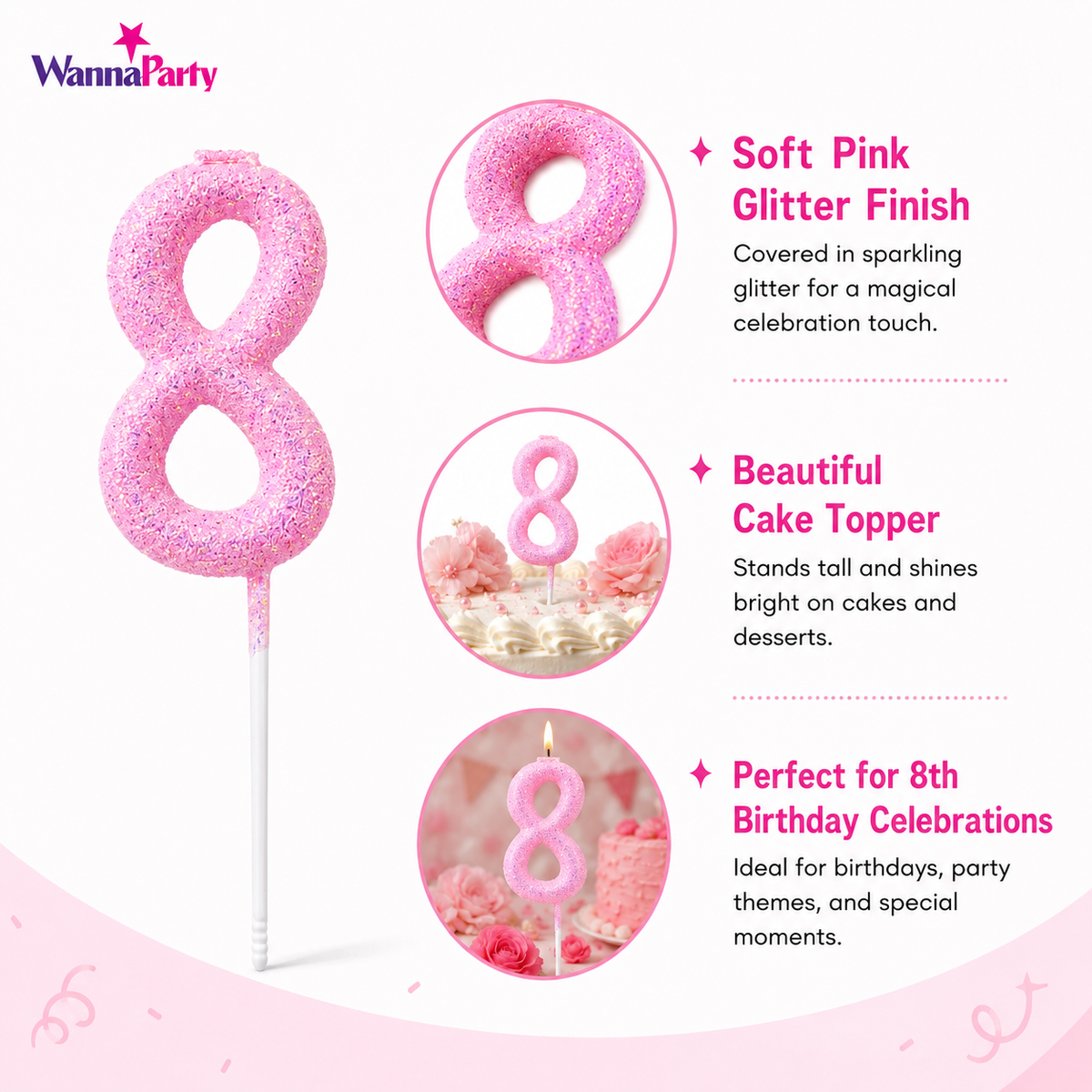 Glitter Designer Pink Candle No. 8