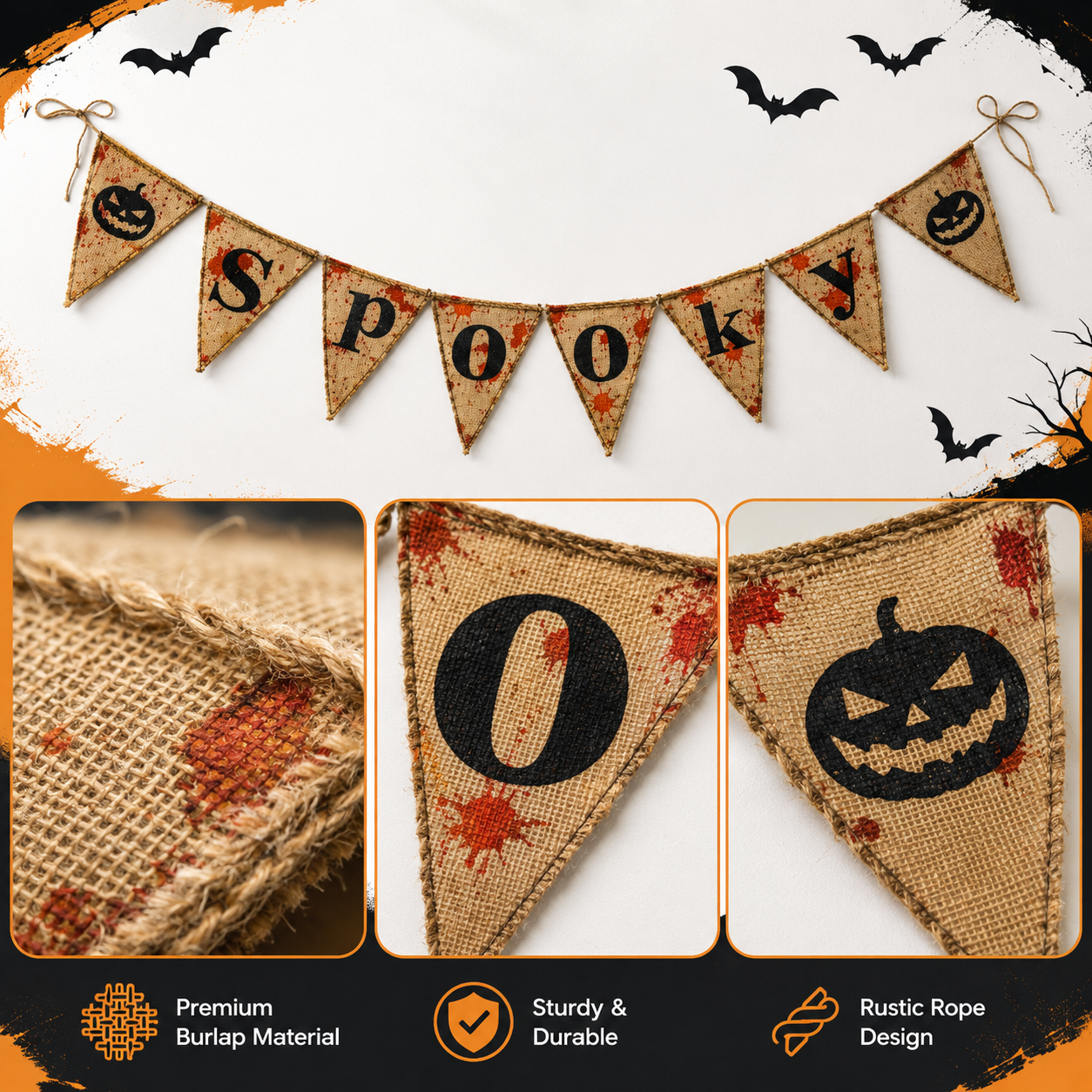 Spooky Burlap Halloween Banner - Over 9FT