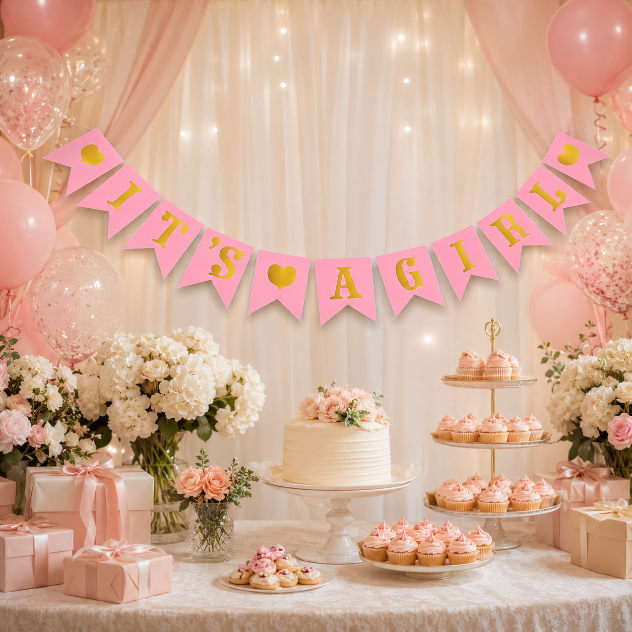 It’s A Girl Pink & Gold Banner, Baby Welcome Bunting Banner