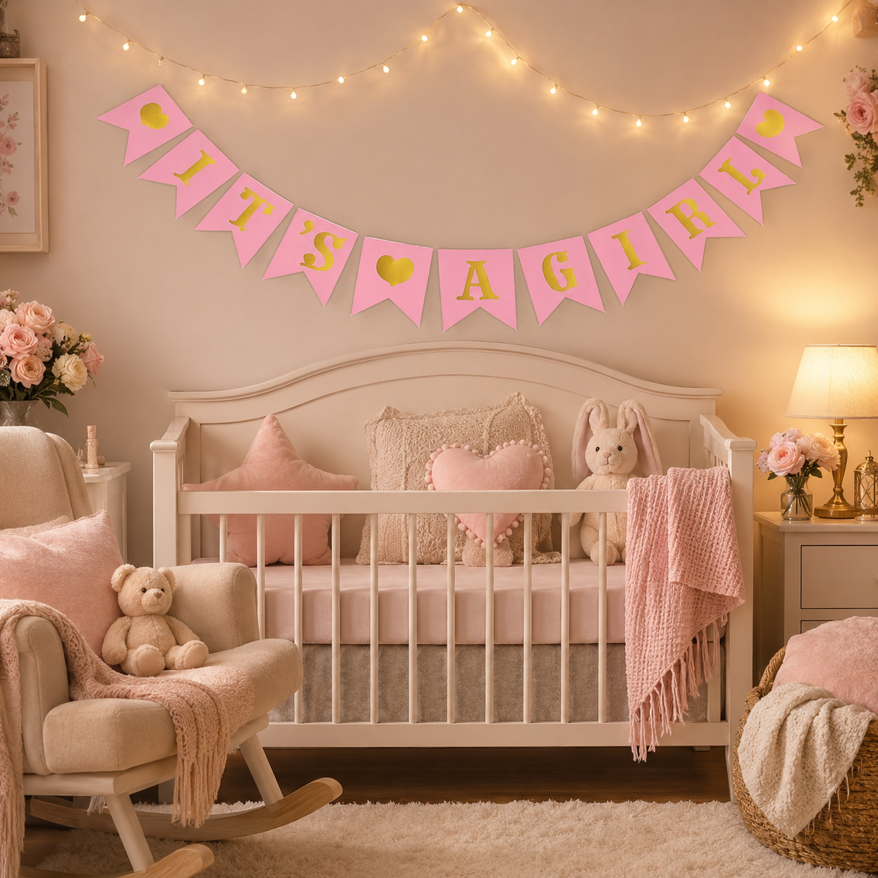 It’s A Girl Pink & Gold Banner, Baby Welcome Bunting Banner