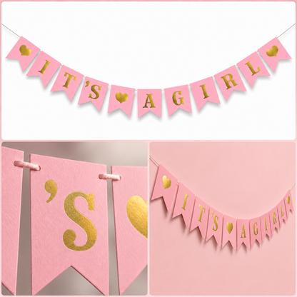 It’s A Girl Pink & Gold Banner, Baby Welcome Bunting Banner