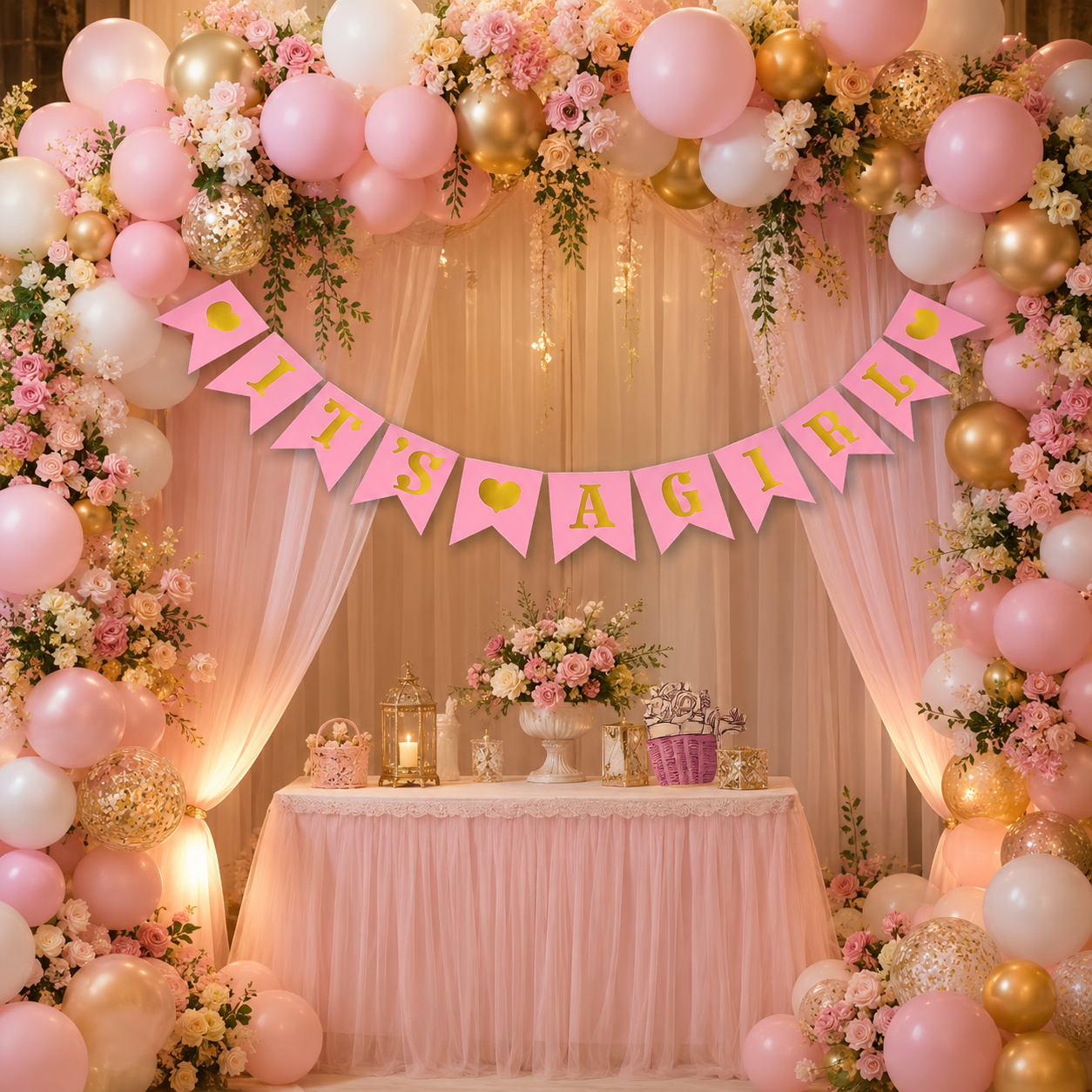 It’s A Girl Pink & Gold Banner, Baby Welcome Bunting Banner