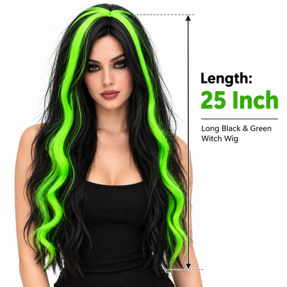 Black & Green Long Witch Wig for Halloween | Two-Tone Fancy Dress Wig for Witch Costumes, Cosplay & Theme Par