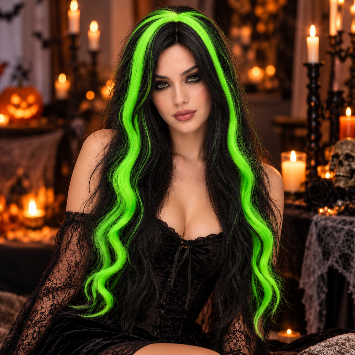 Black & Green Long Witch Wig for Halloween | Two-Tone Fancy Dress Wig for Witch Costumes, Cosplay & Theme Par