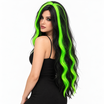 Black & Green Long Witch Wig for Halloween | Two-Tone Fancy Dress Wig for Witch Costumes, Cosplay & Theme Par