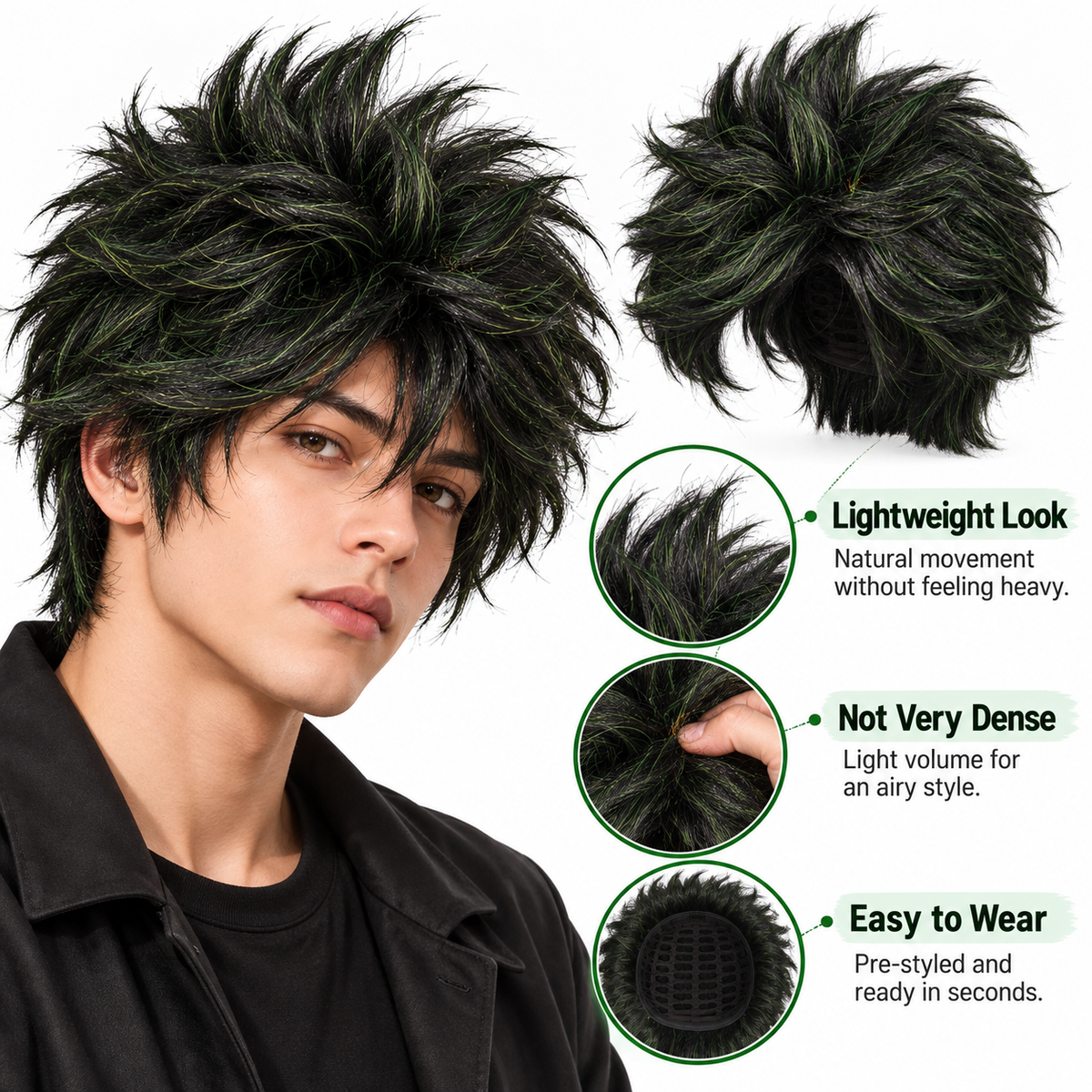 Dark Green Short Messy Wig | Cosplay Fancy Dress Hair Wig for Halloween, Fantasy Characters & Theme Parties