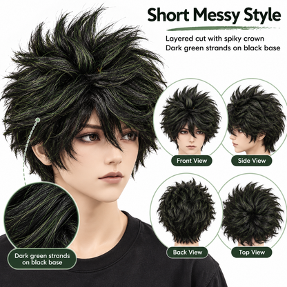 Dark Green Short Messy Wig | Cosplay Fancy Dress Hair Wig for Halloween, Fantasy Characters & Theme Parties