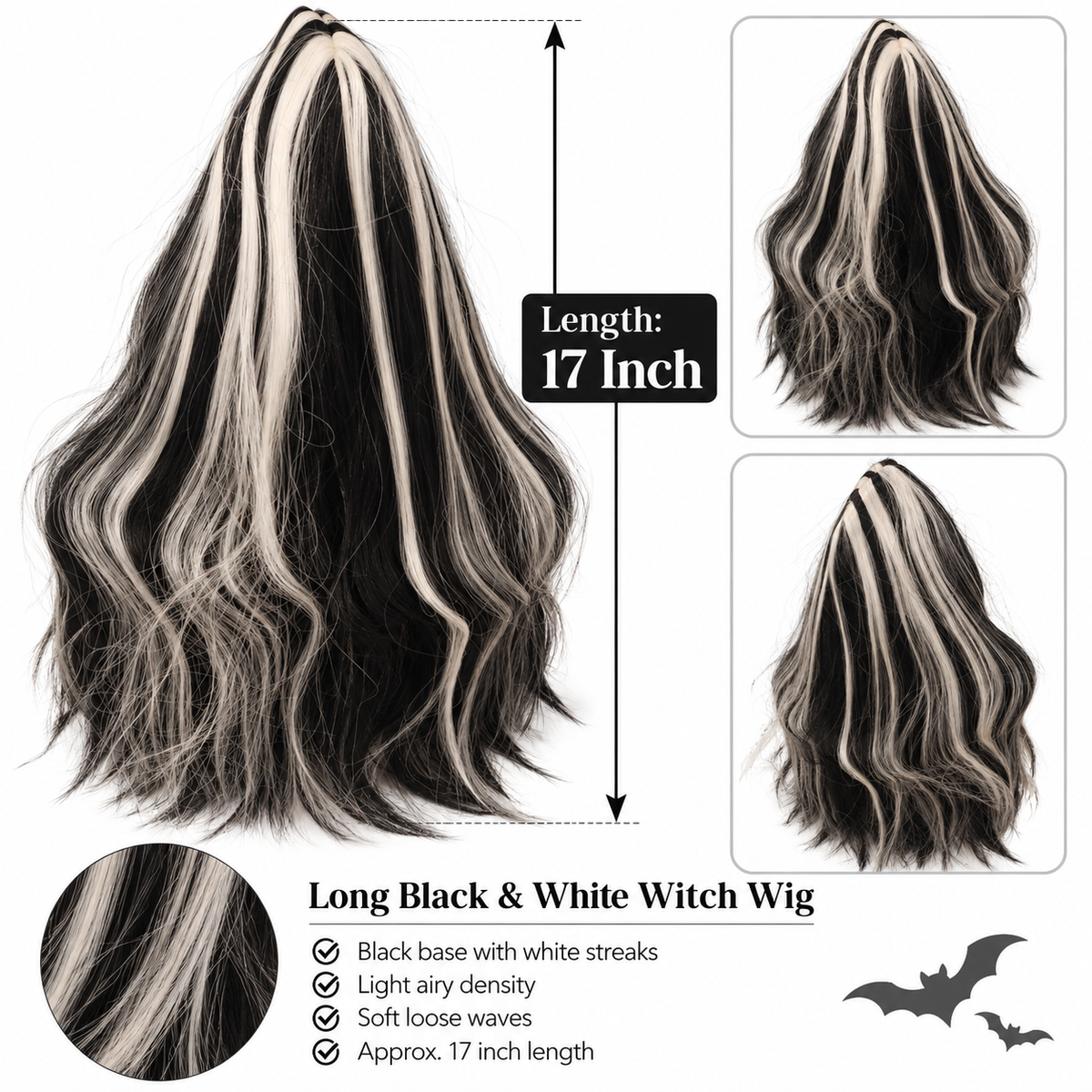 Black & White Long Witch Wig for Halloween | Two-Tone Fancy Dress Wig for Witch Costumes, Cosplay & Theme Parties