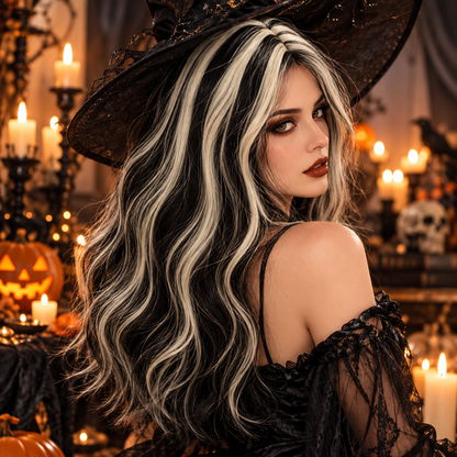 Black & White Long Witch Wig for Halloween | Two-Tone Fancy Dress Wig for Witch Costumes, Cosplay & Theme Parties