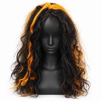 Black & Orange Highlight Long Wig | Halloween Fancy Dress Wig for Witch Costumes, Cosplay & Theme Parties