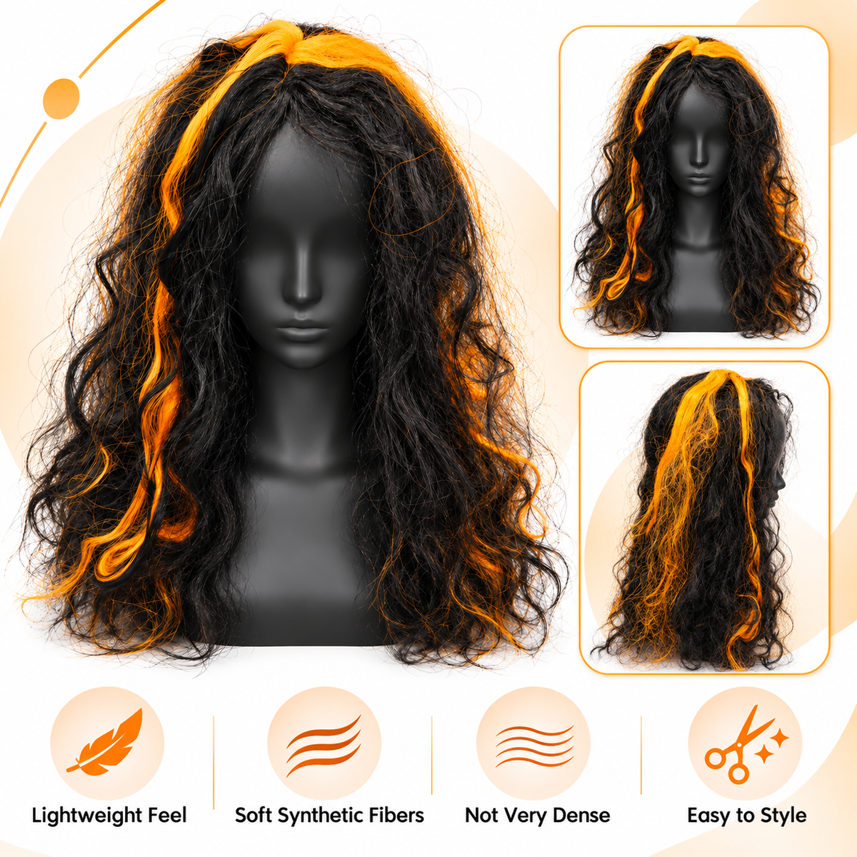 Black & Orange Highlight Long Wig | Halloween Fancy Dress Wig for Witch Costumes, Cosplay & Theme Parties