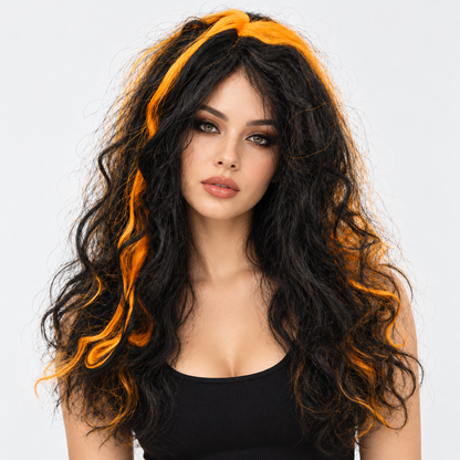 Black & Orange Highlight Long Wig | Halloween Fancy Dress Wig for Witch Costumes, Cosplay & Theme Parties