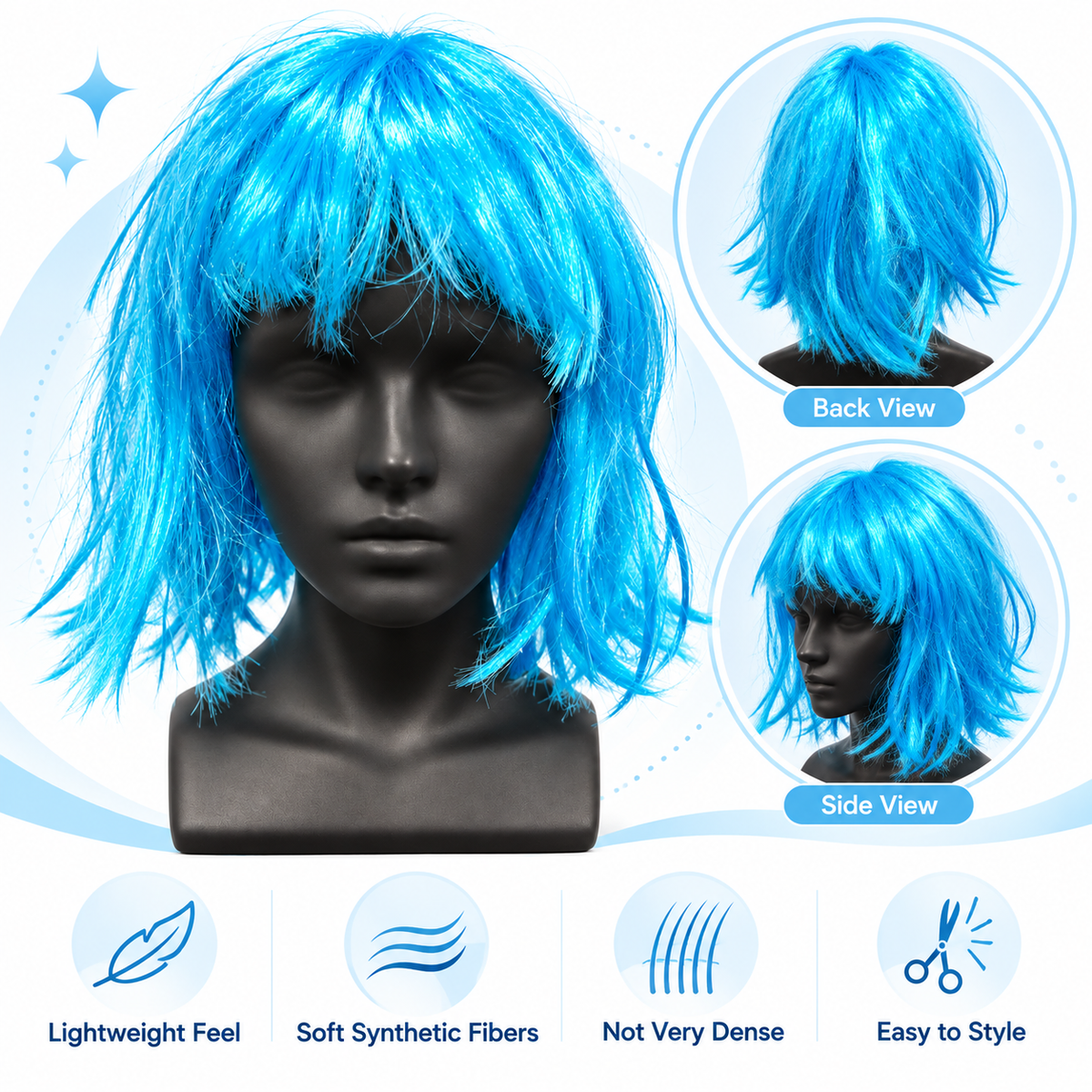 Blue Short Blunt Cut Wig | Colourful Cosplay Fancy Dress Wig for Halloween, Theme Parties & Costume Events