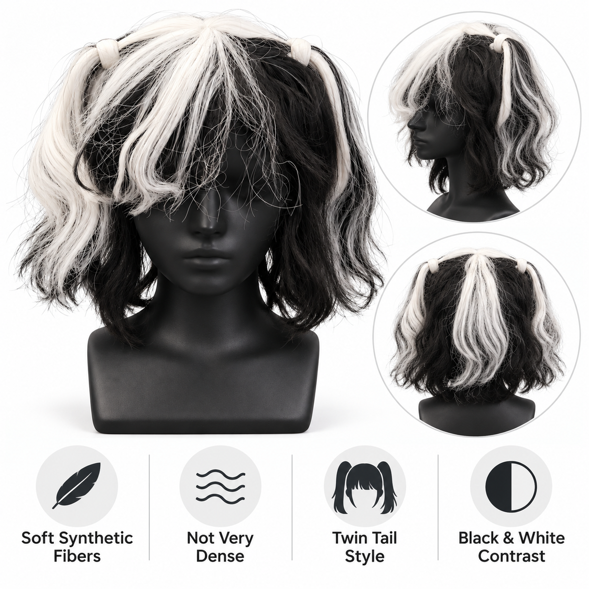 Black & White Twin Tails Cosplay Wig | Two-Tone Fancy Dress Wig for Halloween, Anime-Inspired Costumes & Them