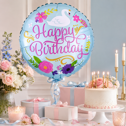 18" Happy Birthday Floral Swan Balloon