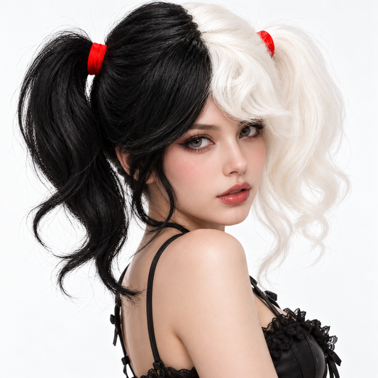 Half Black & White Twin Tails Cosplay Wig | Two-Tone Fancy Dress Wig for Halloween, Anime-Inspired Looks & Costume Parties