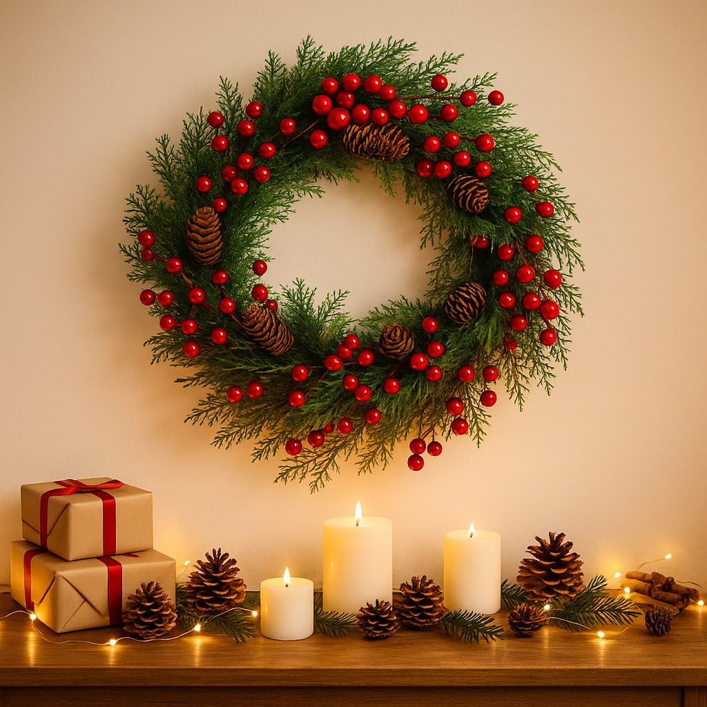 Christmas Wreath with Red Cherries 18”