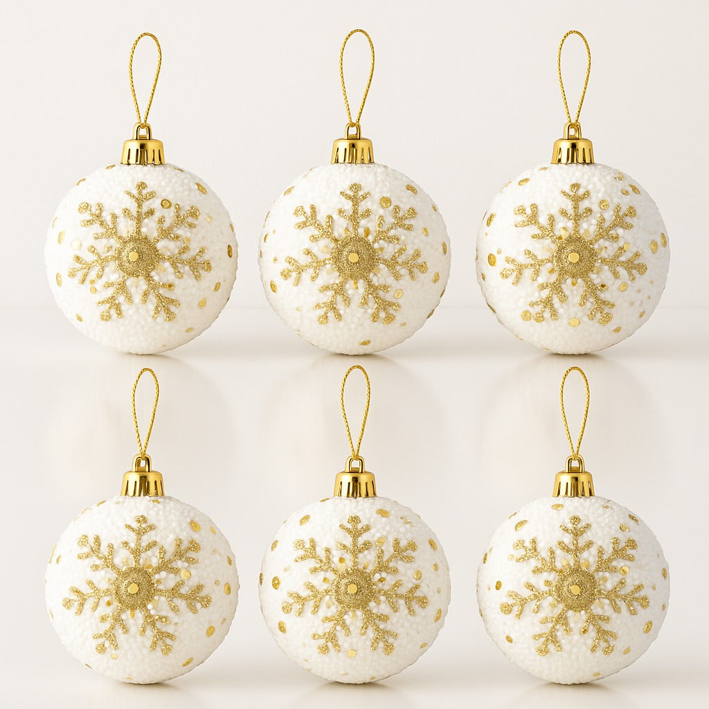 Christmas Glitter White Balls with Golden Snowflakes - 6PC
