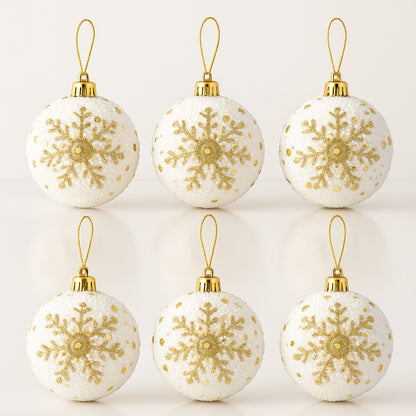 Christmas Glitter White Balls with Golden Snowflakes - 6PC
