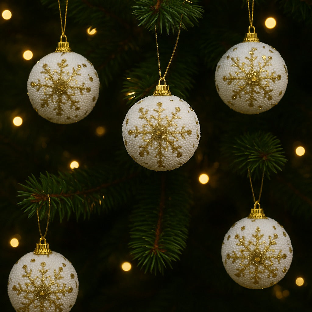 Christmas Glitter White Balls with Golden Snowflakes - 6PC