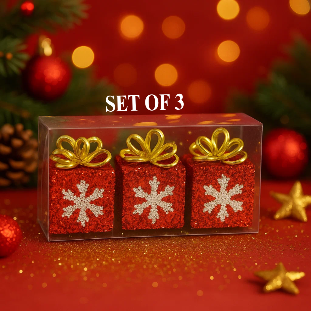 Christmas Gift Box with Red Glitter & Snowflakes - Set of 3